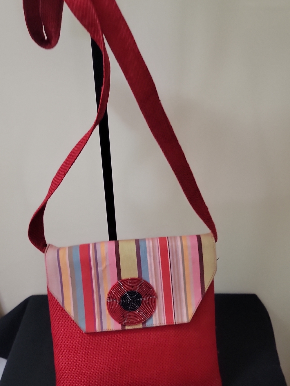 Red Crossbody Shoulder Bag with Multicolor Stripe Flap. Maasai Design.